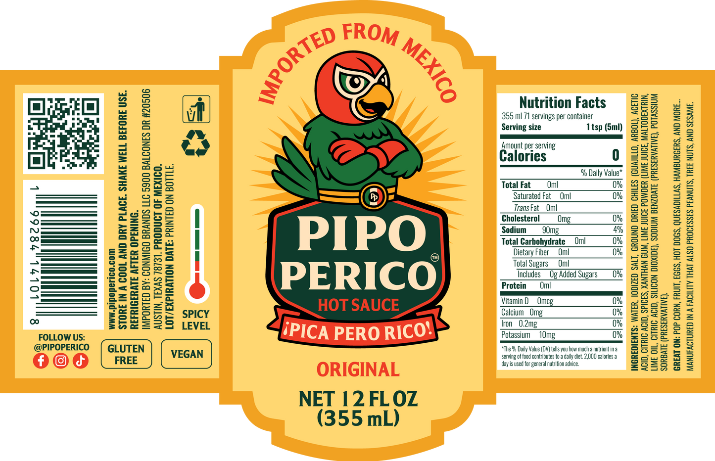 Pack of 2, Pipo Perico Original Hot Sauce 12 FL OZ (355 mL) each