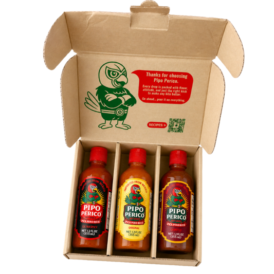 Sampler Pack, Pipo Perico Hot Sauce: Original, Extra Spicy & Chipotle 12 FL OZ (355 mL) each