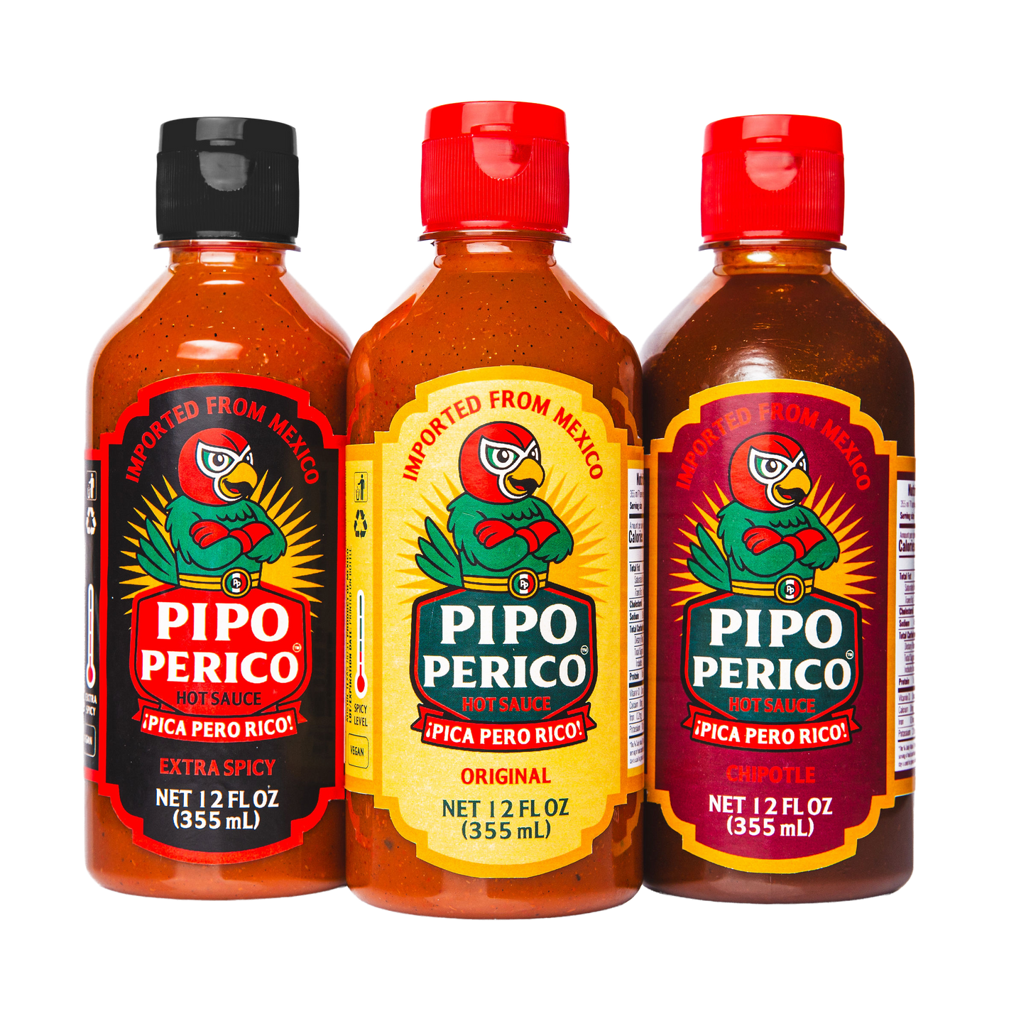 Sampler Pack, Pipo Perico Hot Sauce: Original, Extra Spicy & Chipotle 12 FL OZ (355 mL) each