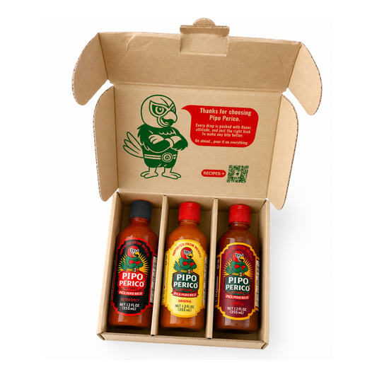 Sampler Pack, Pipo Perico Hot Sauce: Original, Extra Spicy & Chipotle 12 FL OZ (355 mL) each