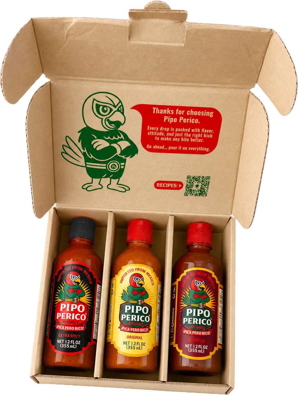 Paquete de Muestras, Salsa Picante Pipo Perico: Original, Extra Picante y Chipotle 12 FL OZ (355 mL) cada una