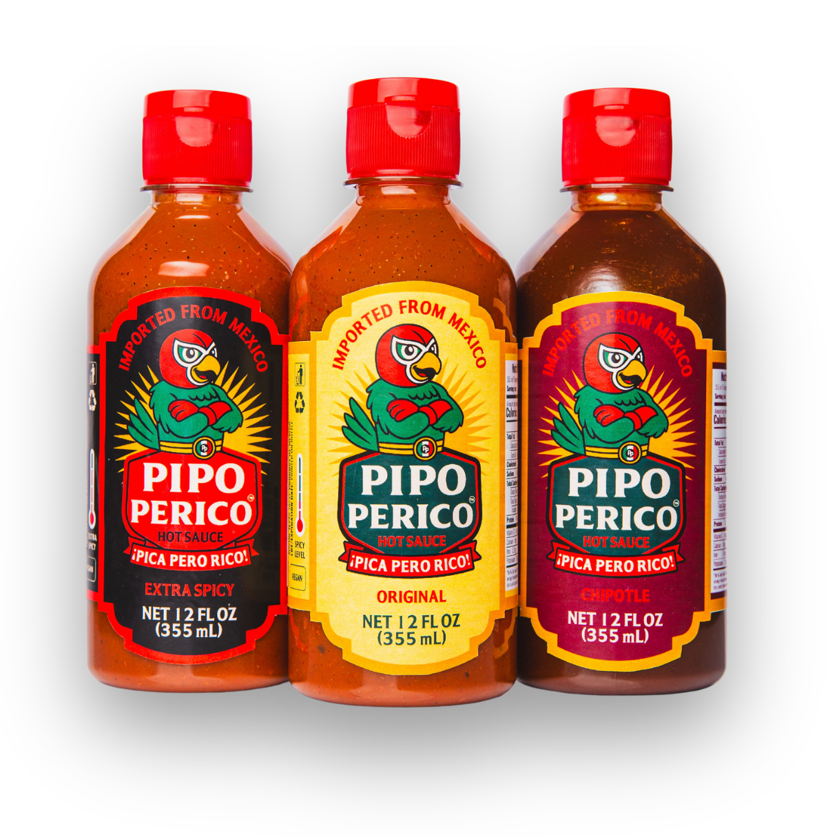 Paquete de Muestras, Salsa Picante Pipo Perico: Original, Extra Picante y Chipotle 12 FL OZ (355 mL) cada una