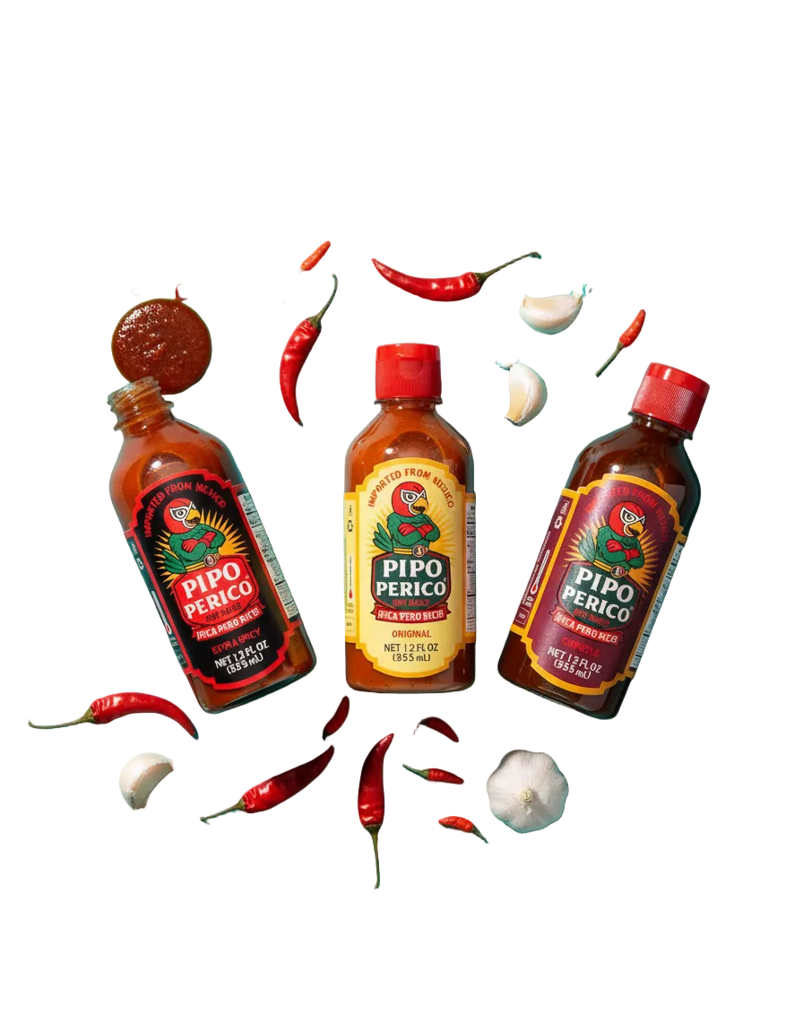 Paquete de Muestras, Salsa Picante Pipo Perico: Original, Extra Picante y Chipotle 12 FL OZ (355 mL) cada una