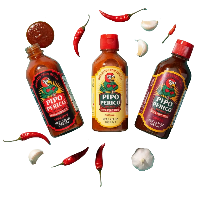 Paquete de Muestras, Salsa Picante Pipo Perico: Original, Extra Picante y Chipotle 12 FL OZ (355 mL) cada una