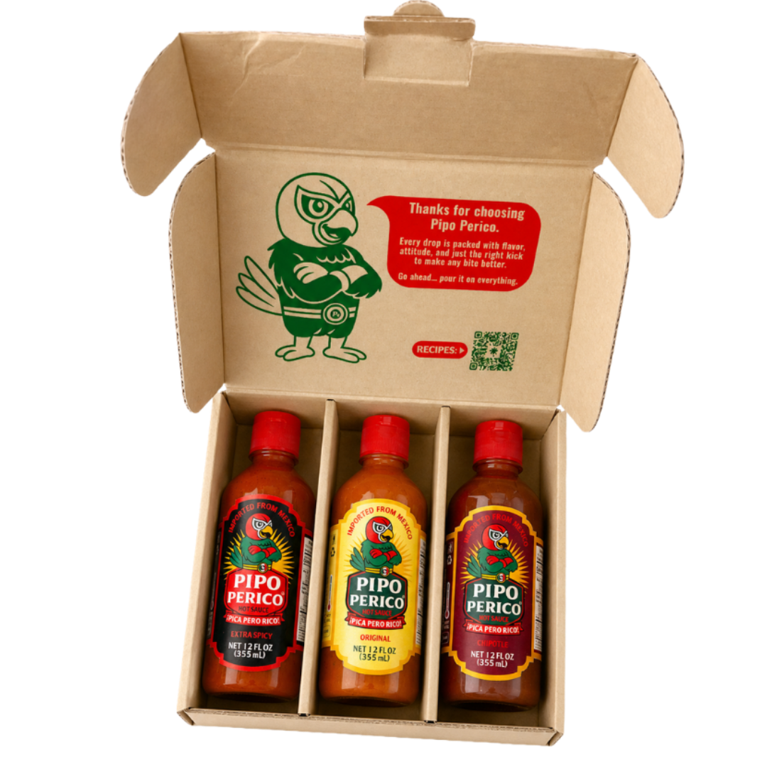 Paquete de Muestras, Salsa Picante Pipo Perico: Original, Extra Picante y Chipotle 12 FL OZ (355 mL) cada una