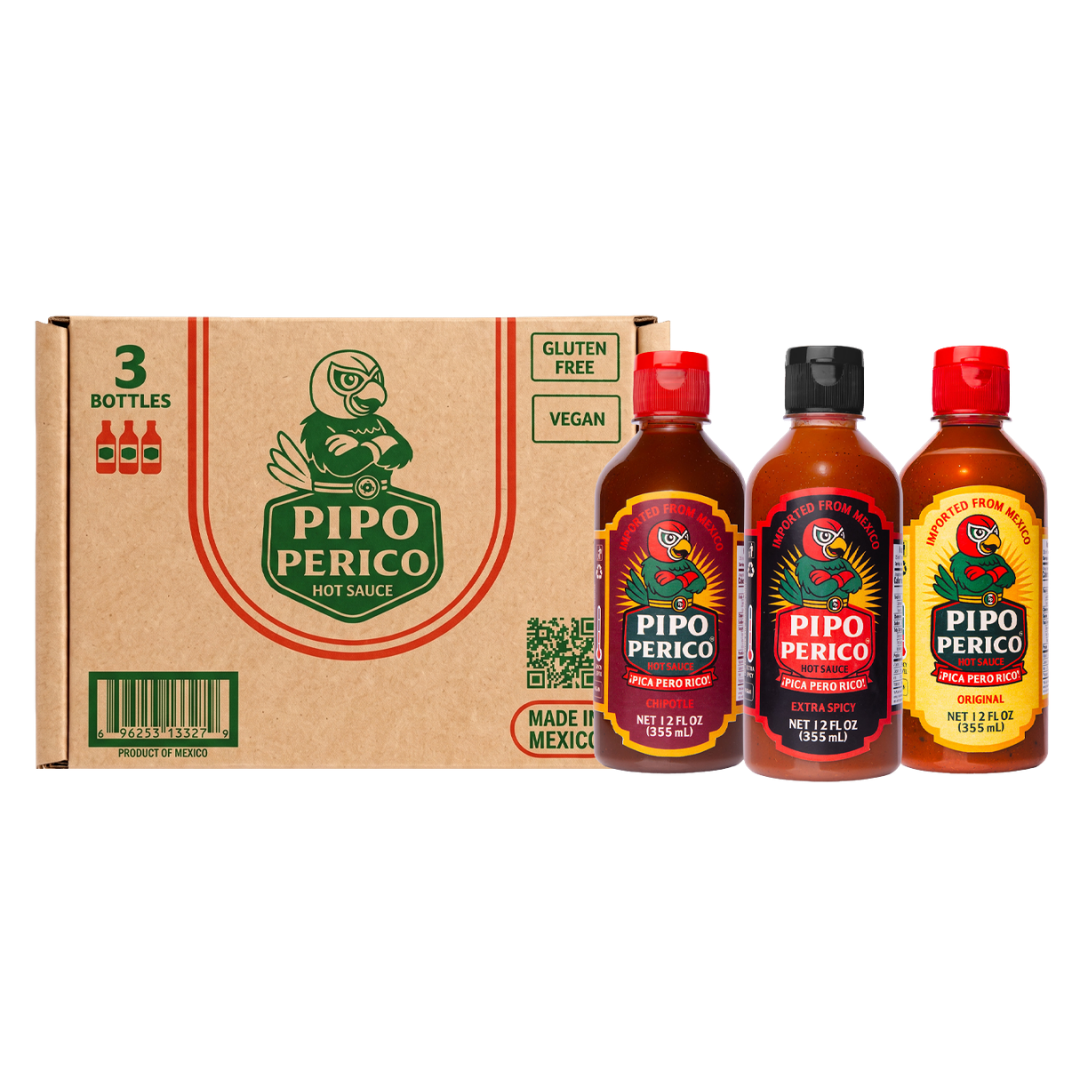 Sampler Pack, Pipo Perico Hot Sauce: Original, Extra Spicy & Chipotle 12 FL OZ (355 mL) each