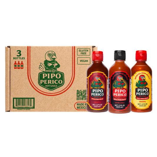 Sampler Pack, Pipo Perico Hot Sauce: Original, Extra Spicy & Chipotle 12 FL OZ (355 mL) each