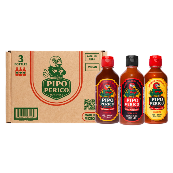 Sampler Pack, Pipo Perico Hot Sauce: Original, Extra Spicy & Chipotle 12 FL OZ (355 mL) each