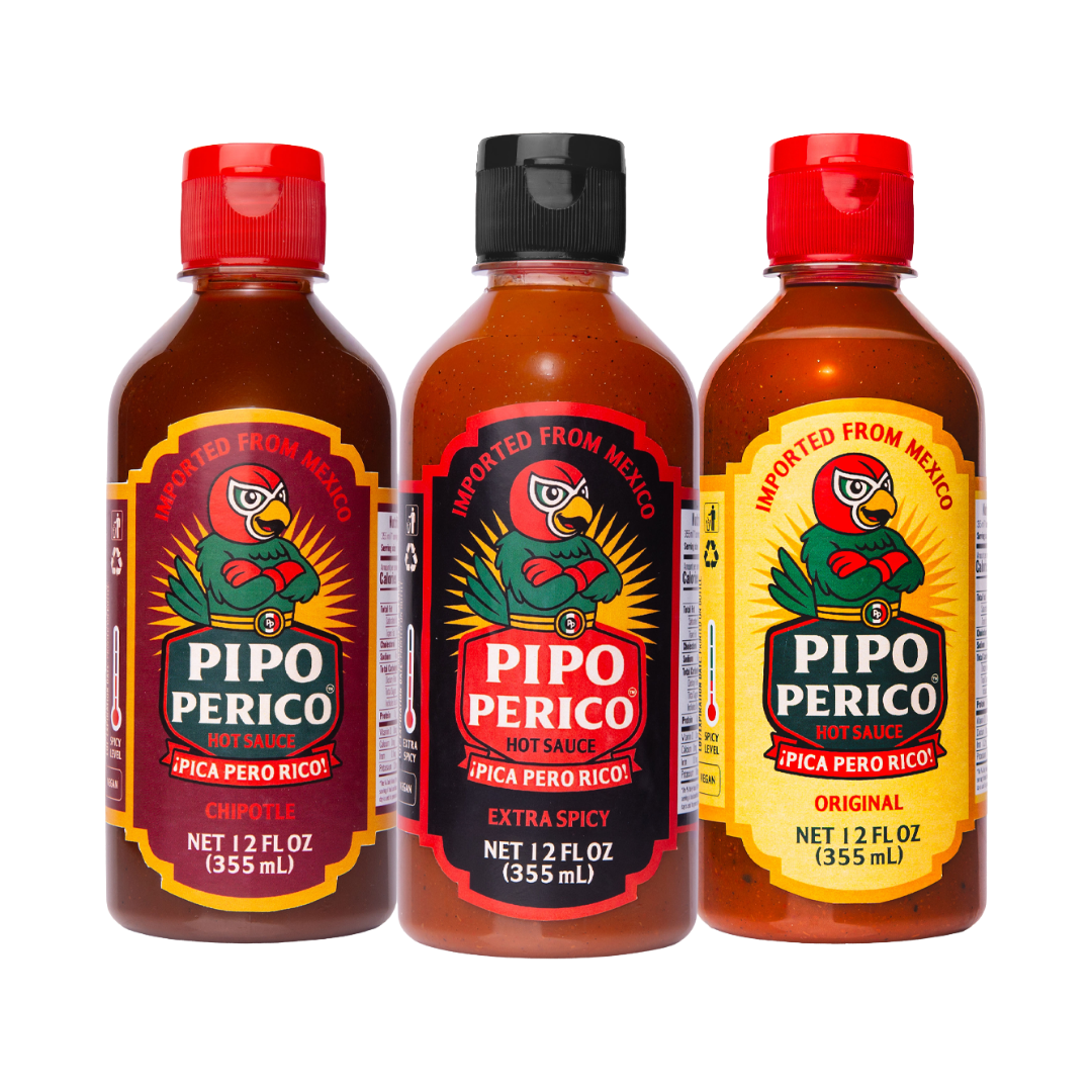 Sampler Pack, Pipo Perico Hot Sauce: Original, Extra Spicy & Chipotle 12 FL OZ (355 mL) each